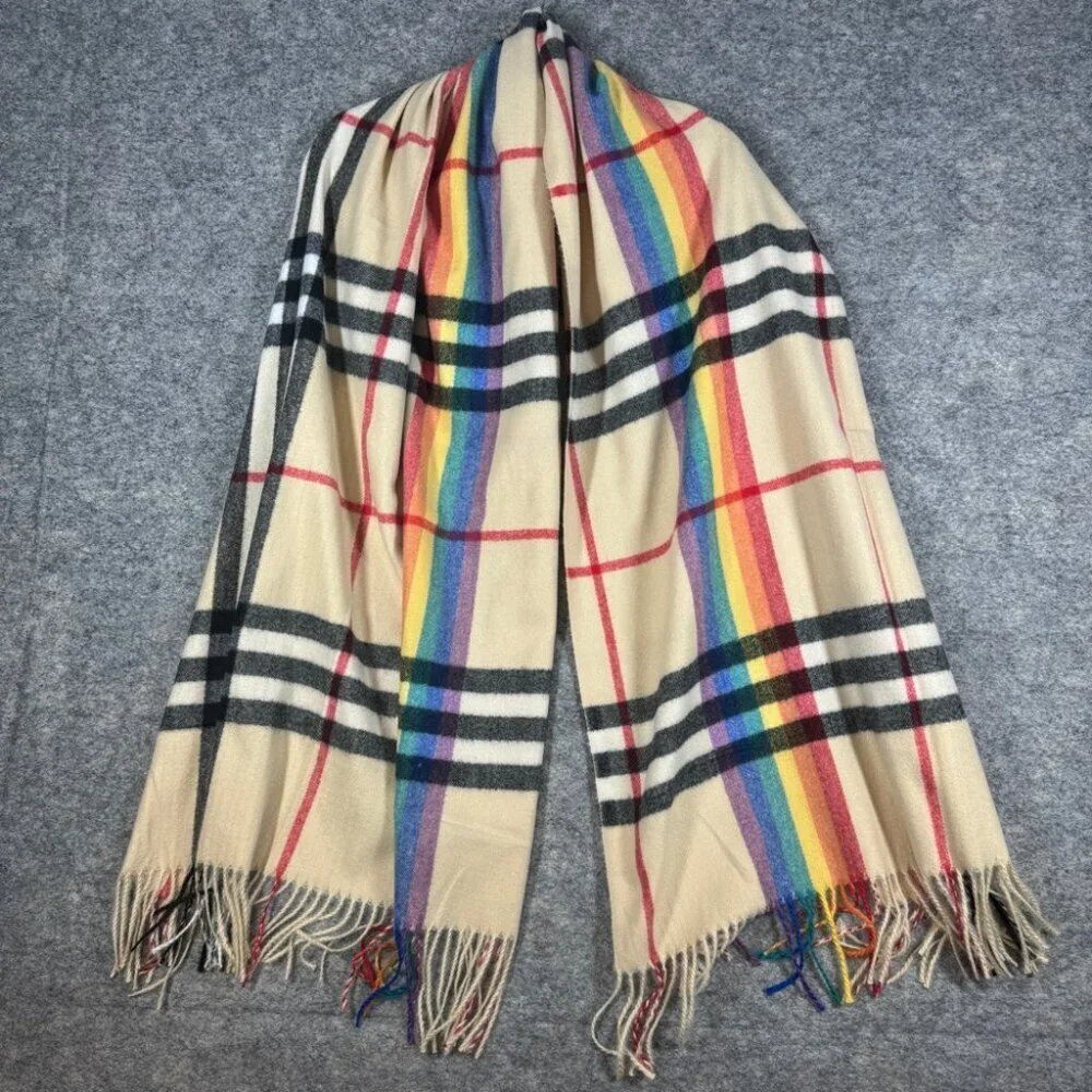 Pashmina 100% Cashmere Cream Plaid Rainbow Scarf One Size Fall Winter Cozy Chic
